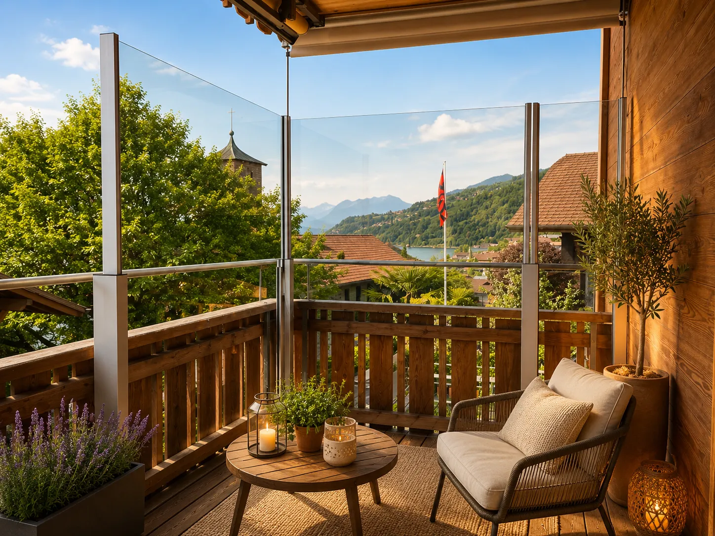 Chalet: Glass on a timber balcony