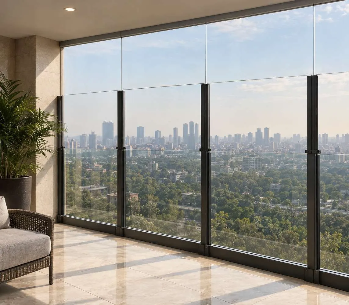 A high-rise balcony enclosed from floor to ceiling with SlideGlass and fixed top glass.